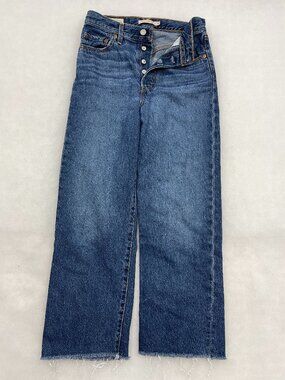 Levi's Premium Ribcage Straight Big E Raw Hem Blue Jeans Women's 26 Fits 26x27